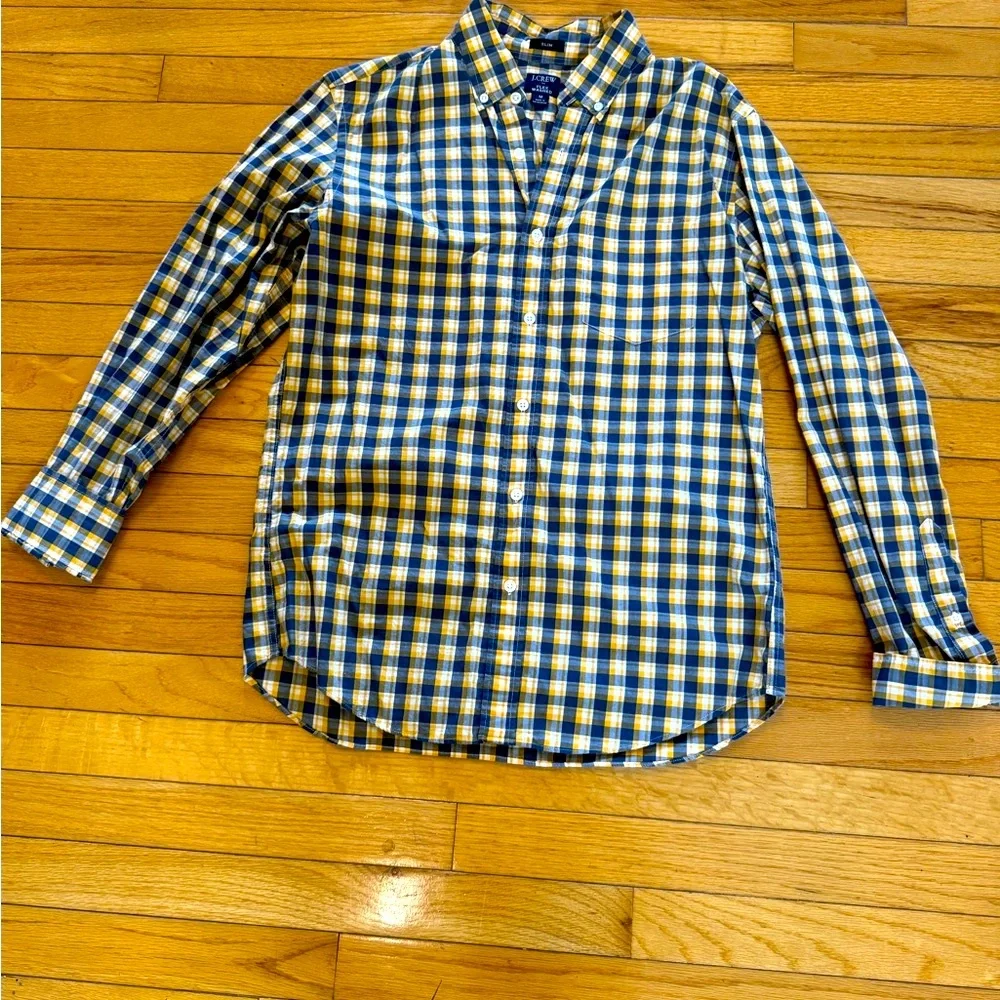 J. Crew Men's Blue and Yellow Plaid Shirt Size Medium